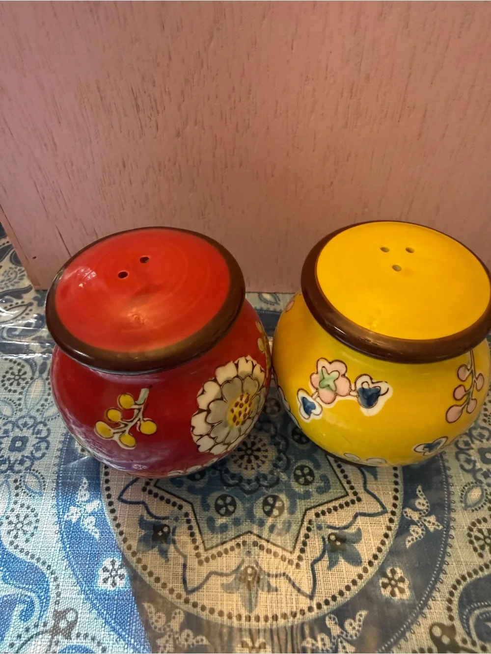 Vintage Hand-Painted Red iand Yellow Floral Ceramic Salt and Pepper Shakers